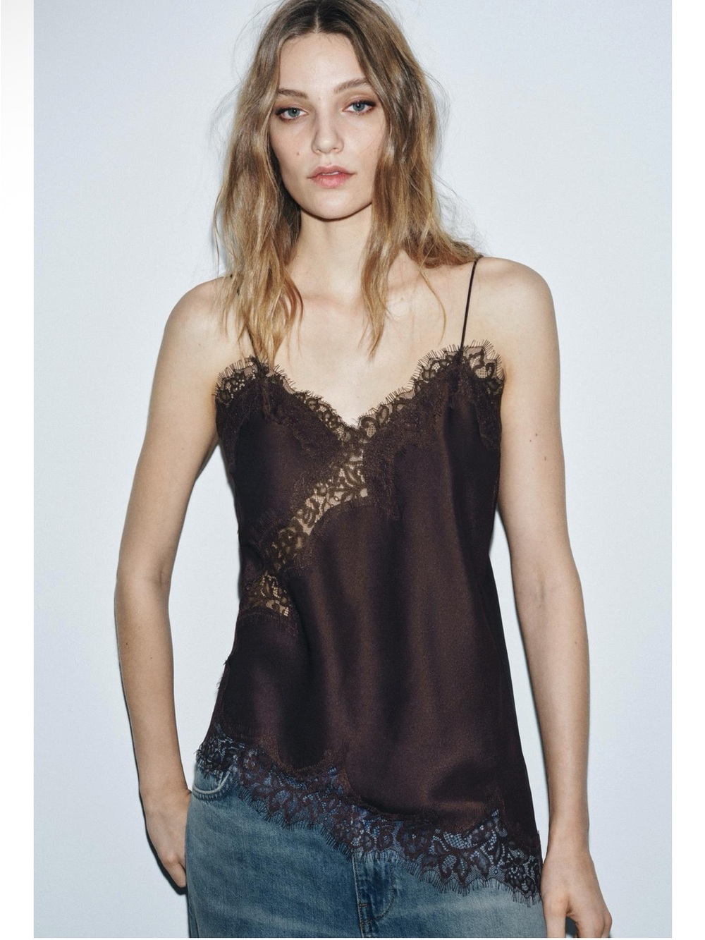 ZARA ZW SATIN LACE CAMISOLE SLIP TOP XS Brown NWT
